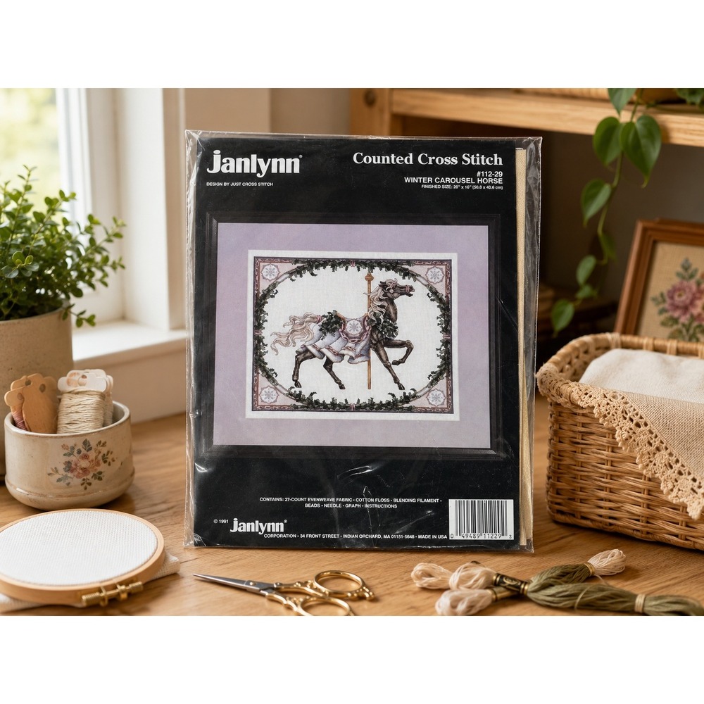 Vintage 1991 Janlynn Winter Carousel Horse Counted Cross Stitch Kit 112-29 NOS